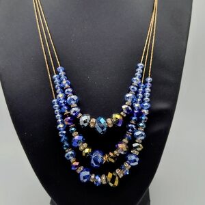 Vintage Ali-khan 3 Strand Necklace Signed Vintage New York Designer Blue Crystal